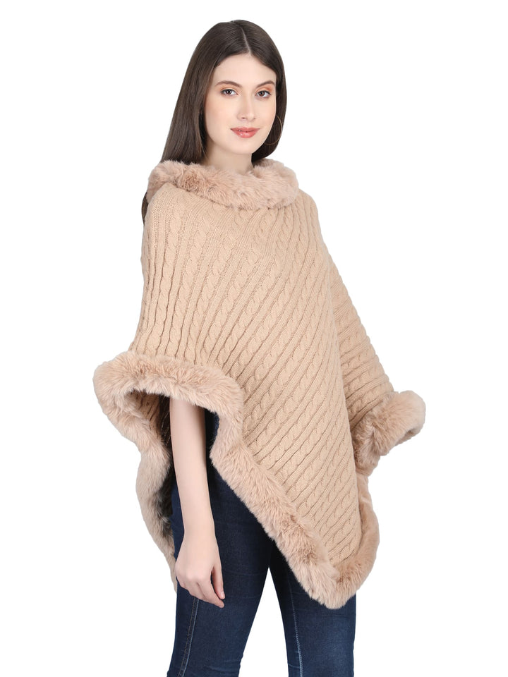 Beige Knitted Fur Collar Poncho - 138  (Free Size)