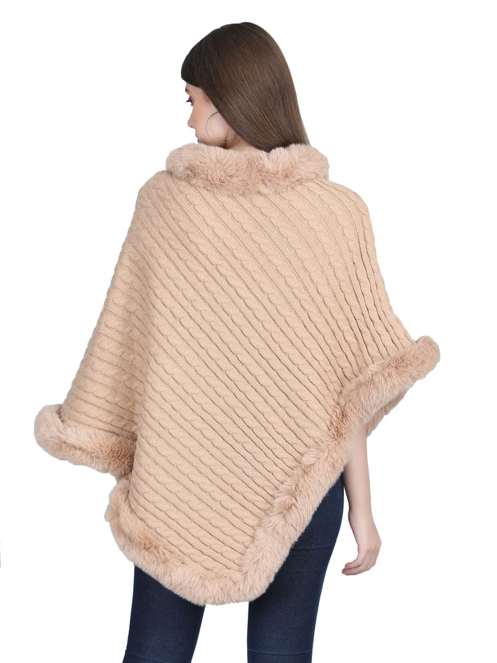 Beige Knitted Fur Collar Poncho - 138  (Free Size)