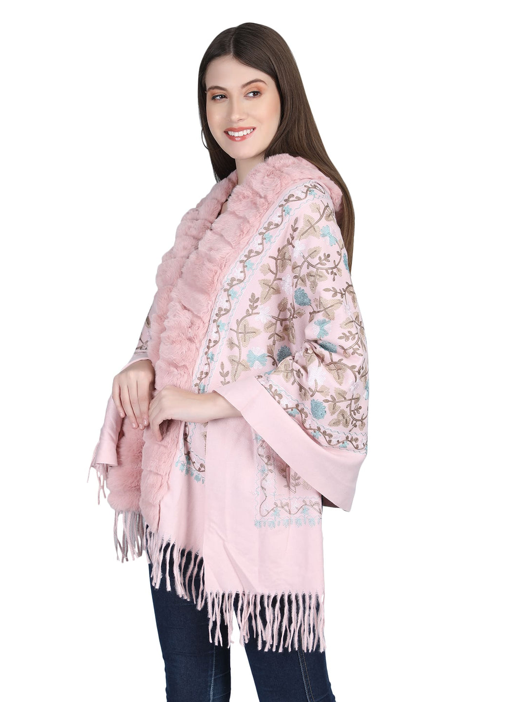 Aari Embroidery & Crytsals Fur Collar Poncho - 139  (Free Size)