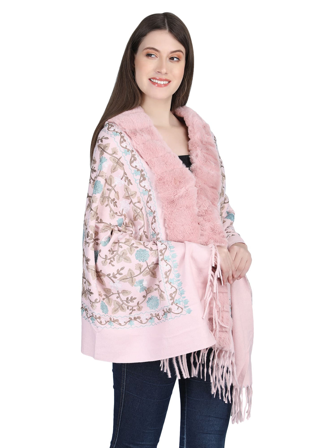 Aari Embroidery & Crytsals Fur Collar Poncho - 139  (Free Size)