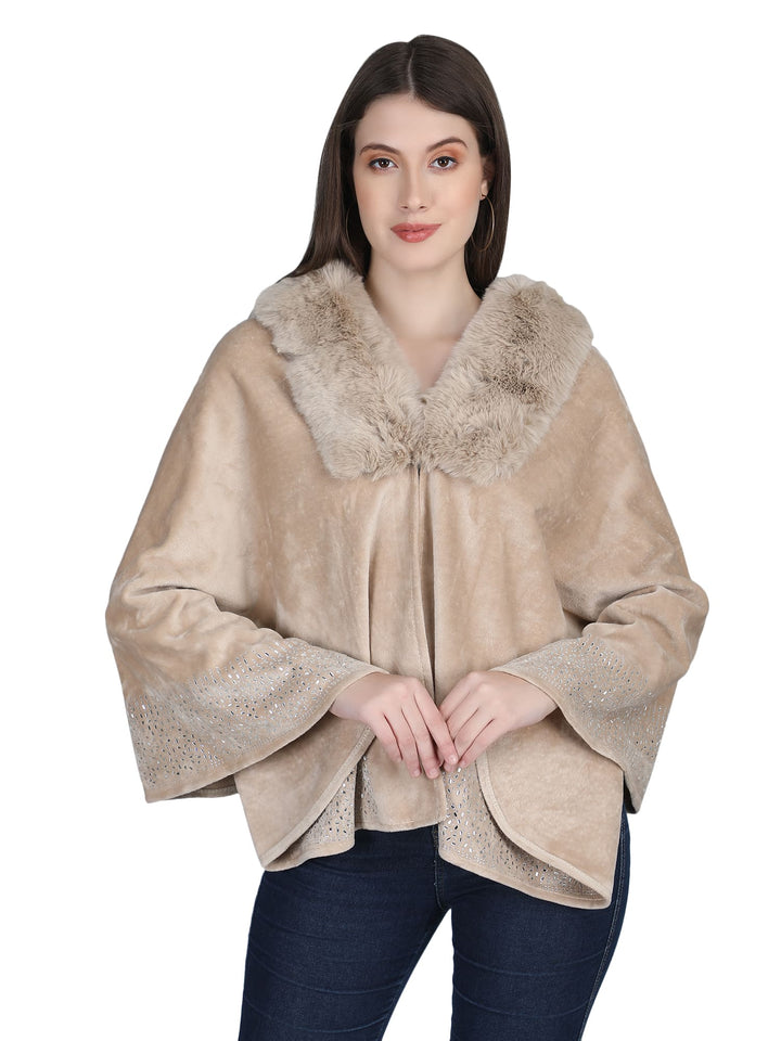 Beige Crystals & Velvet Fur Collar Poncho - 141