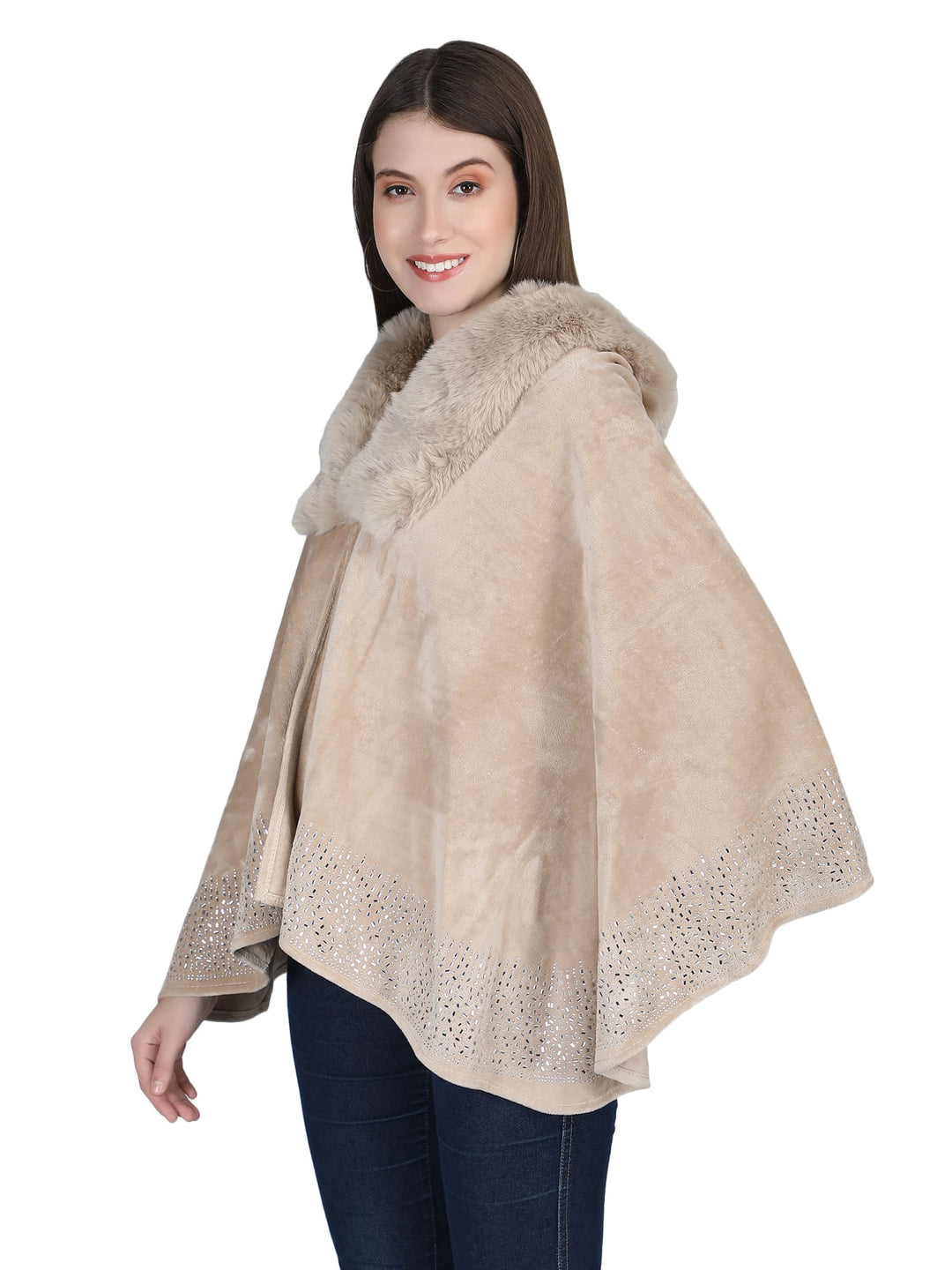 Beige Crystals & Velvet Fur Collar Poncho - 141