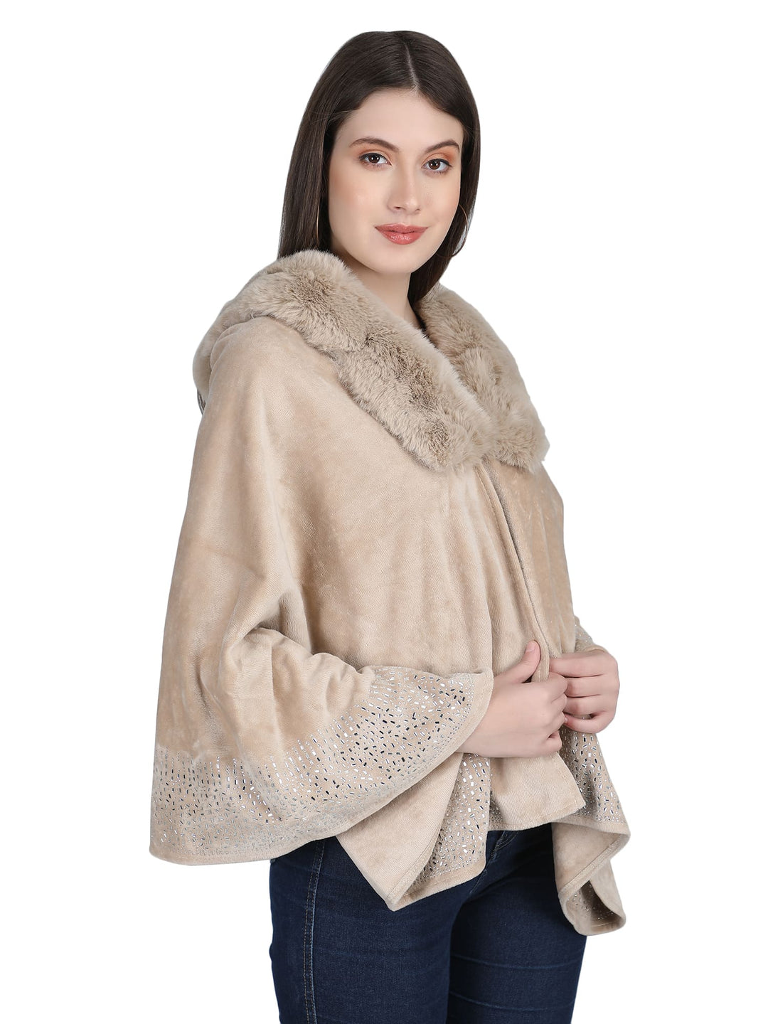 Beige Crystals & Velvet Fur Collar Poncho - 141