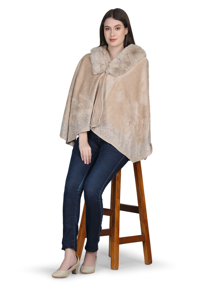 Beige Crystals & Velvet Fur Collar Poncho - 141