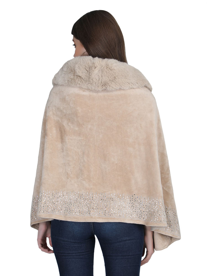 Beige Crystals & Velvet Fur Collar Poncho - 141