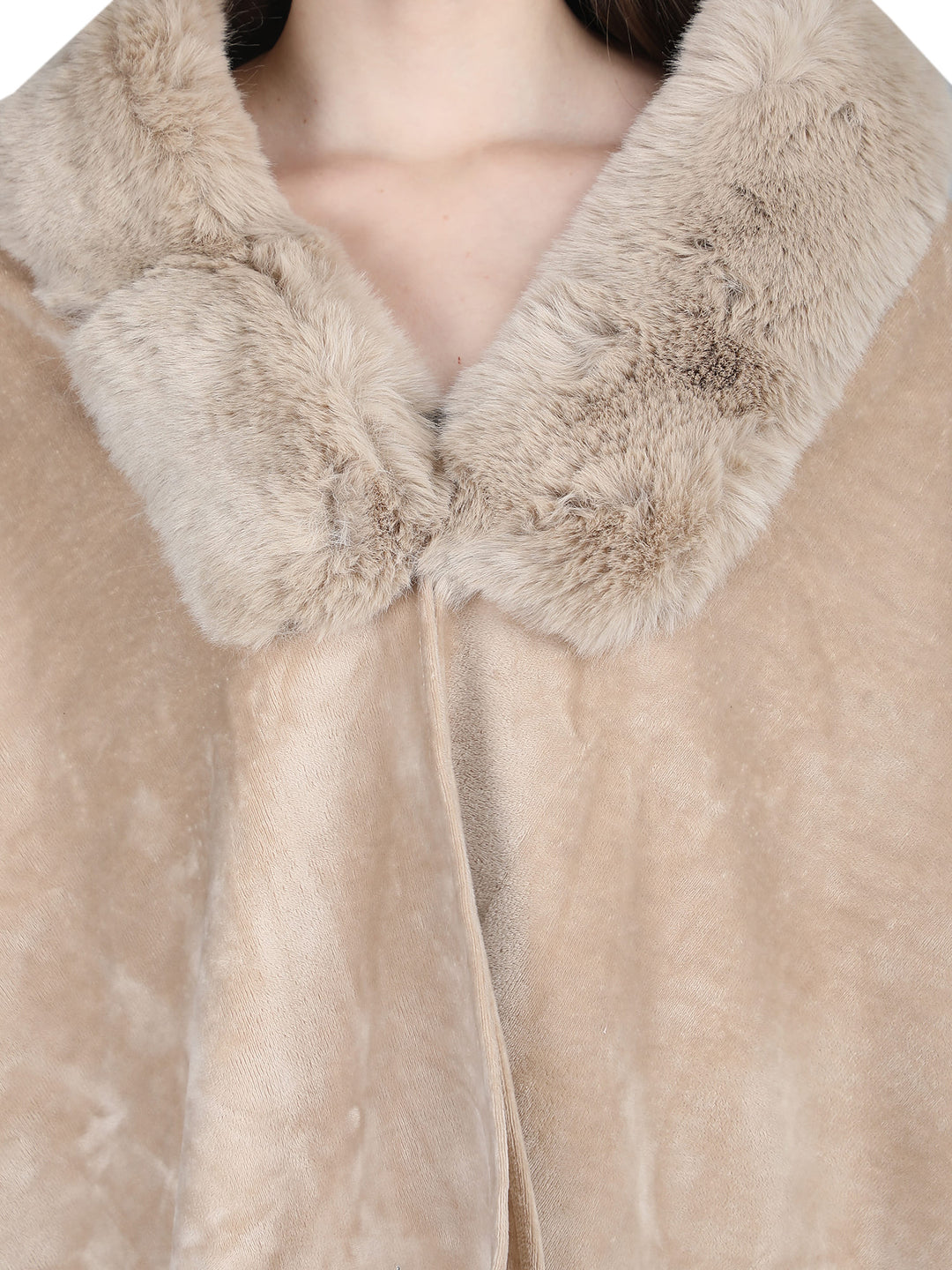 Beige Crystals & Velvet Fur Collar Poncho - 141