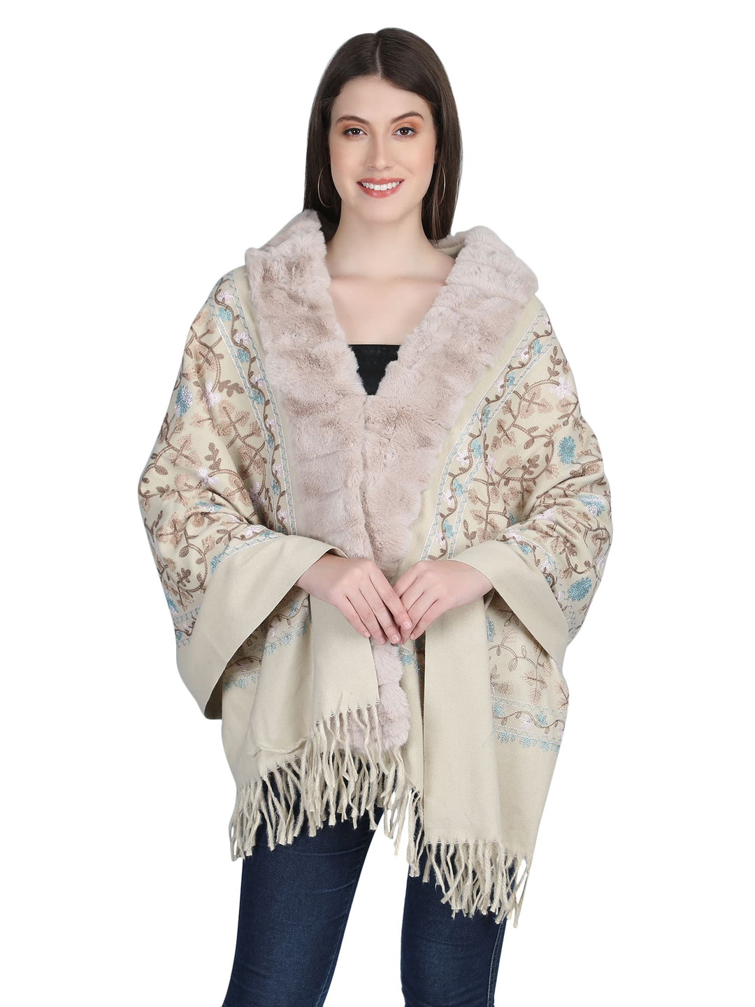 Beige Aari Embroidery & Crystals Fur Collar Poncho - 142