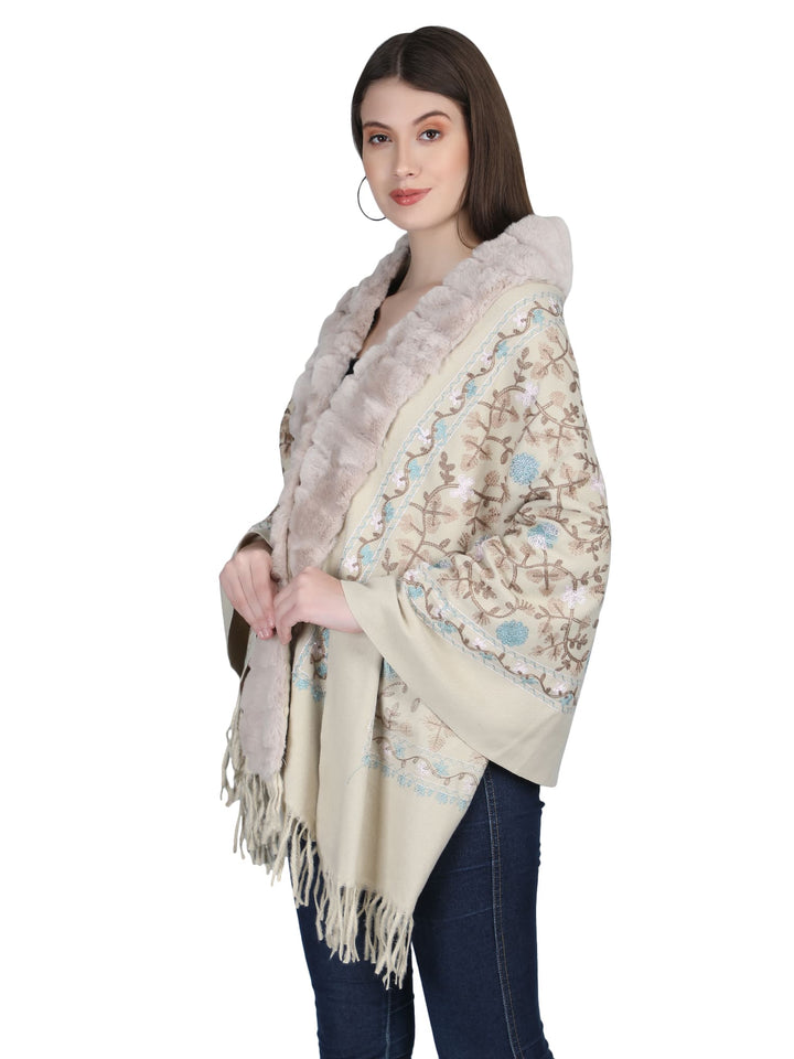 Beige Aari Embroidery & Crystals Fur Collar Poncho - 142