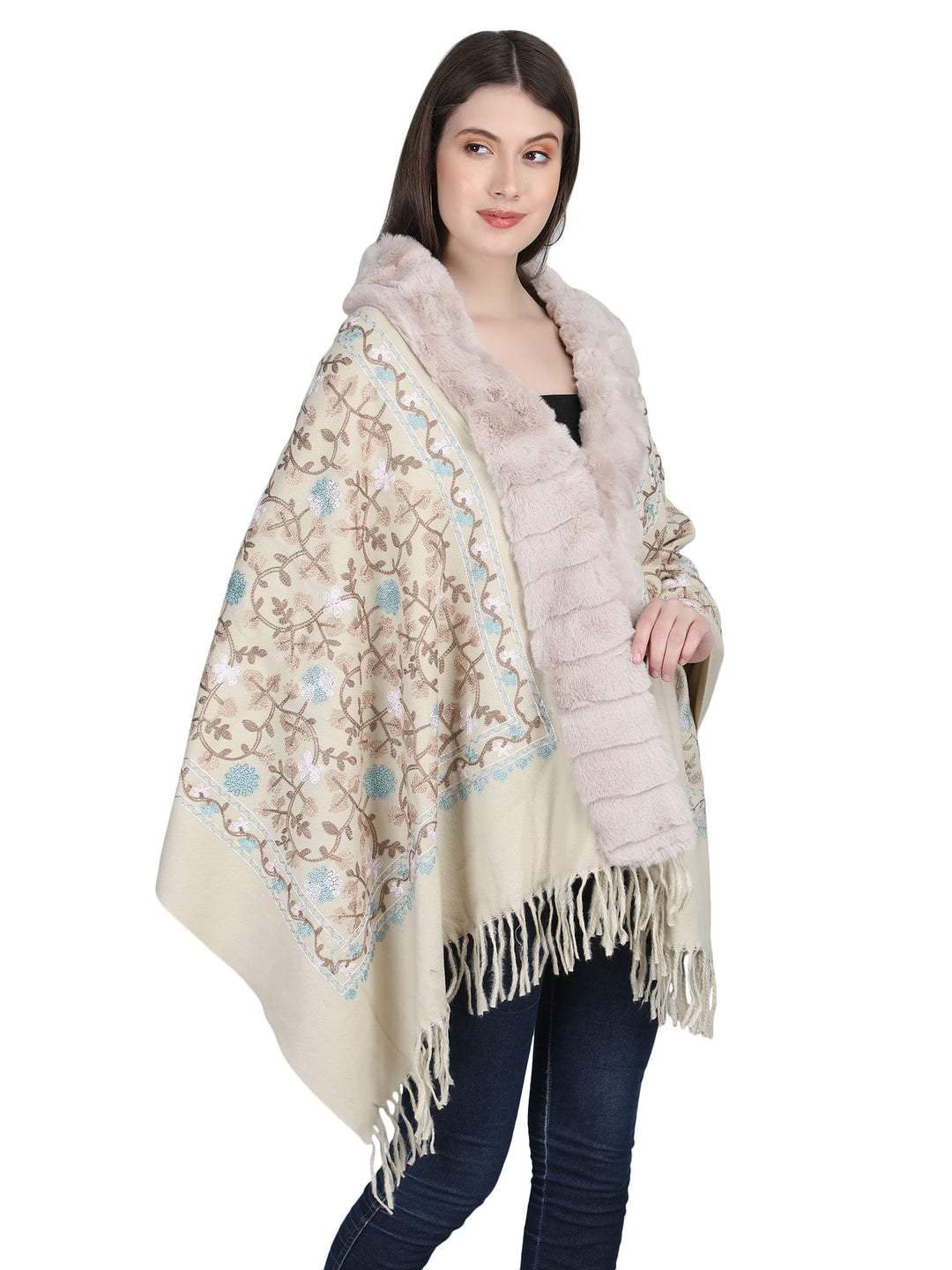 Beige Aari Embroidery & Crystals Fur Collar Poncho - 142