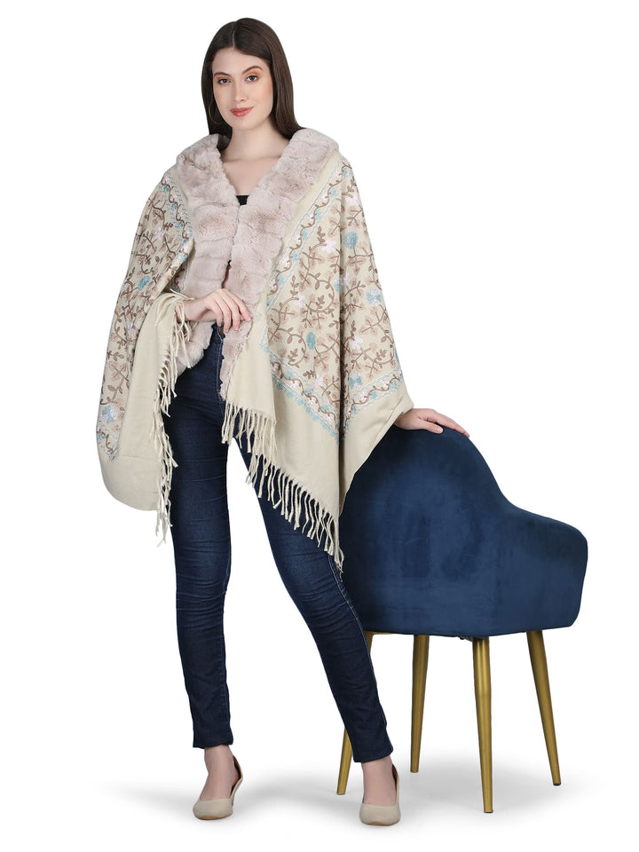 Beige Aari Embroidery & Crystals Fur Collar Poncho - 142