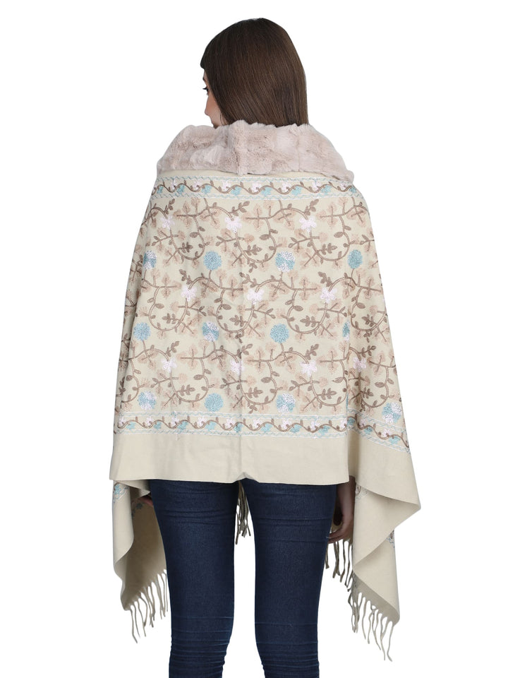 Beige Aari Embroidery & Crystals Fur Collar Poncho - 142