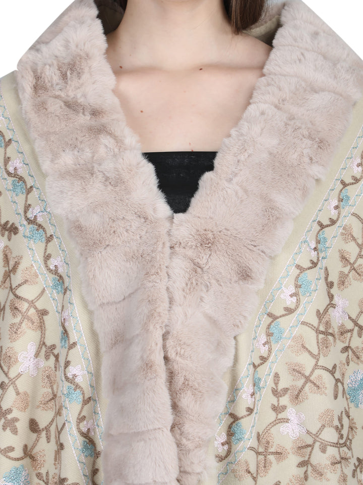 Beige Aari Embroidery & Crystals Fur Collar Poncho - 142