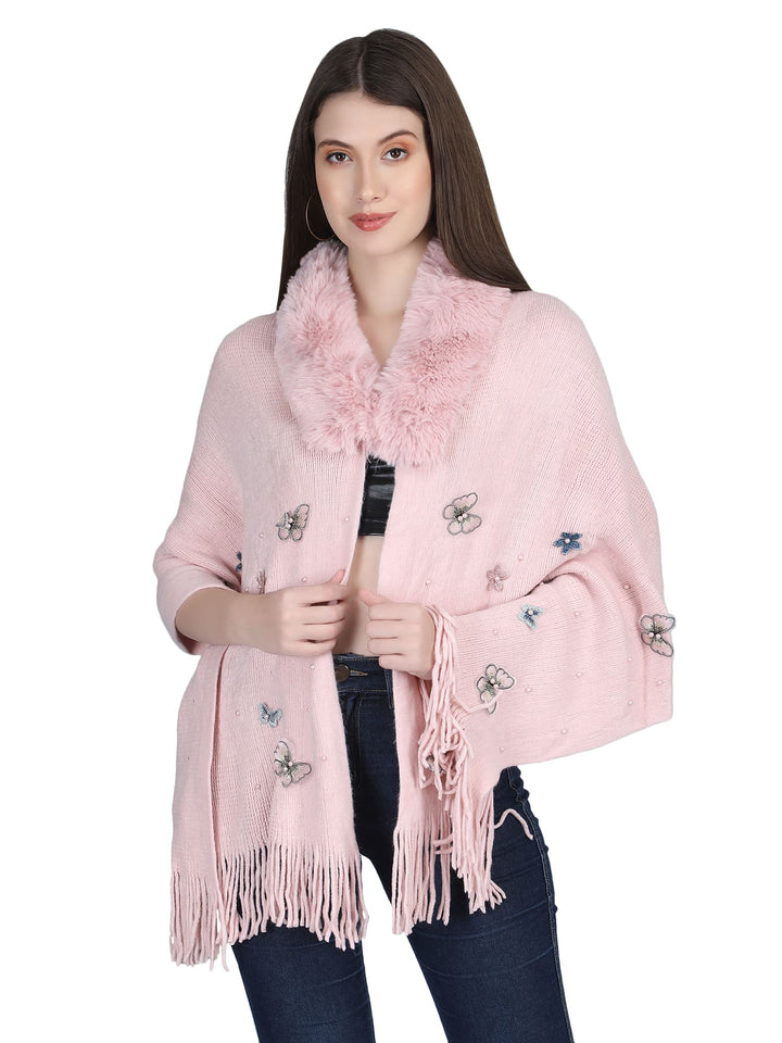 Pink Butterfly Fur Collar Poncho - 143