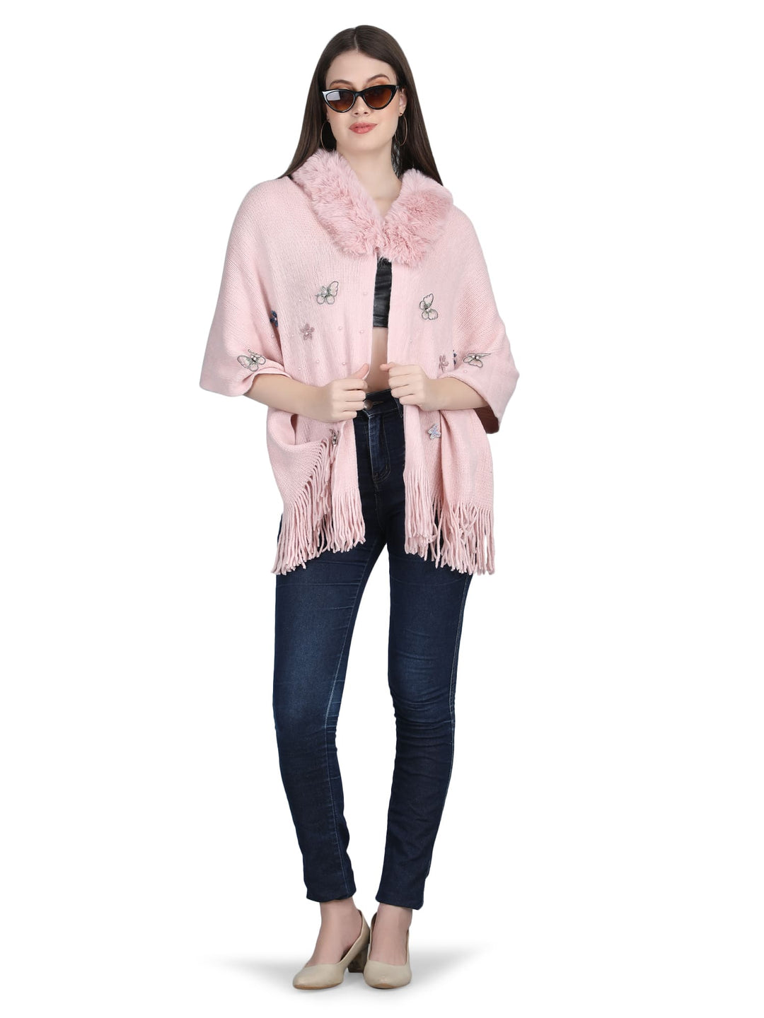 Pink Butterfly Fur Collar Poncho - 143