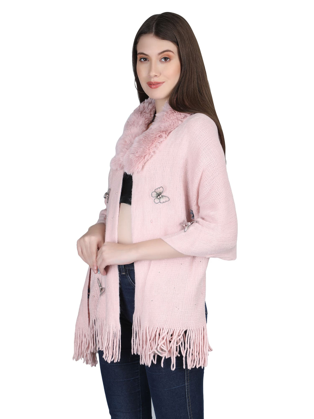 Pink Butterfly Fur Collar Poncho - 143