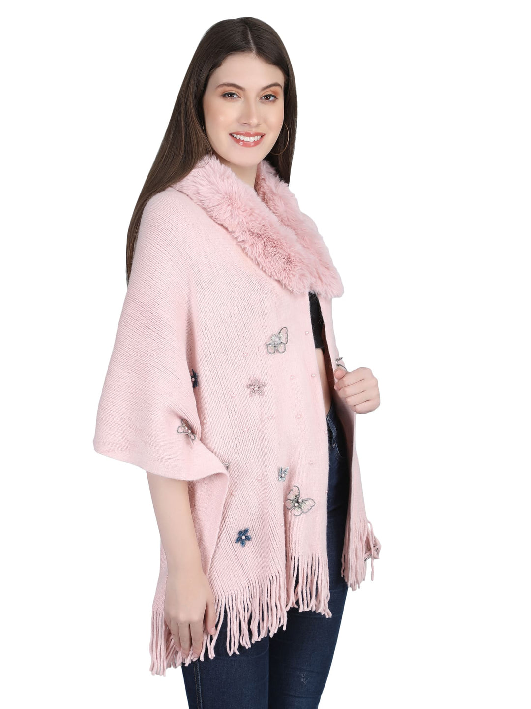 Pink Butterfly Fur Collar Poncho - 143