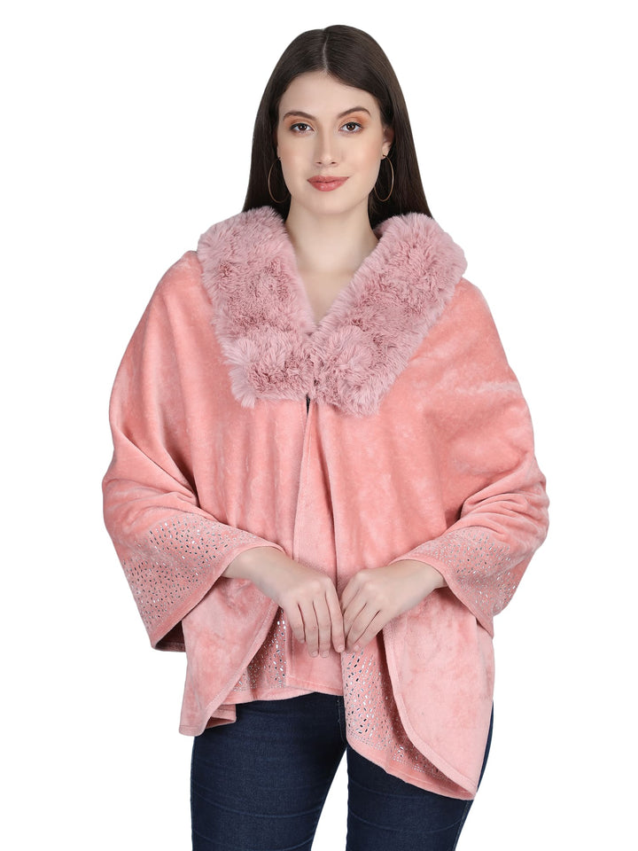 Pink Crystals & Velvet Fur Collar Poncho - 144