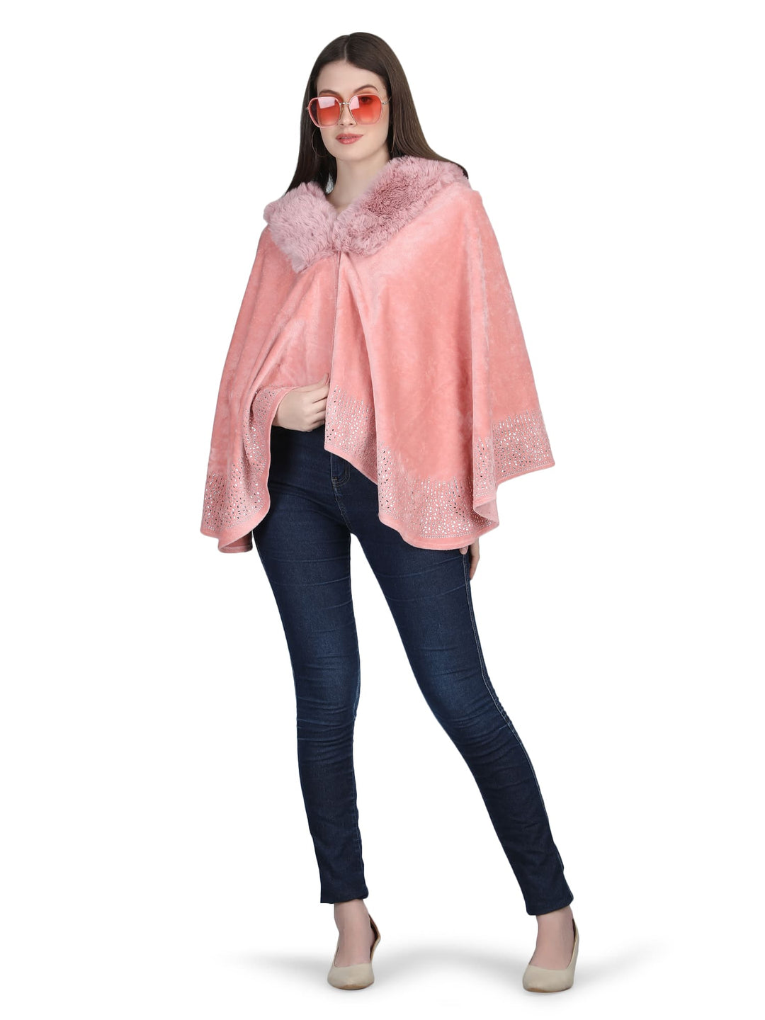 Pink Crystals & Velvet Fur Collar Poncho - 144