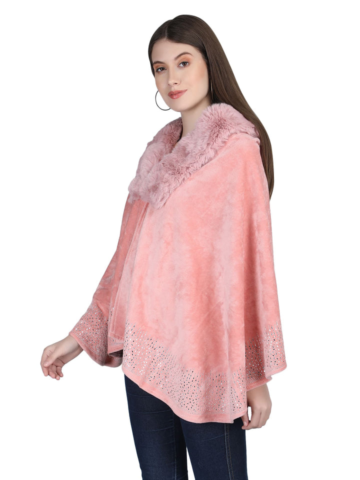 Pink Crystals & Velvet Fur Collar Poncho - 144