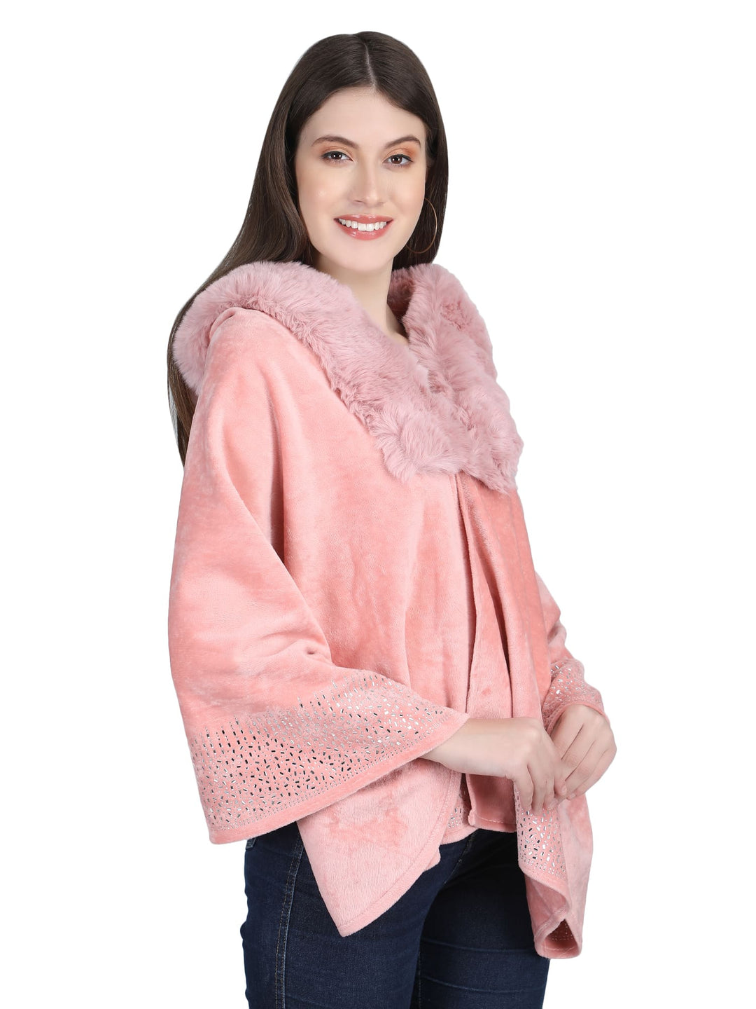 Pink Crystals & Velvet Fur Collar Poncho - 144