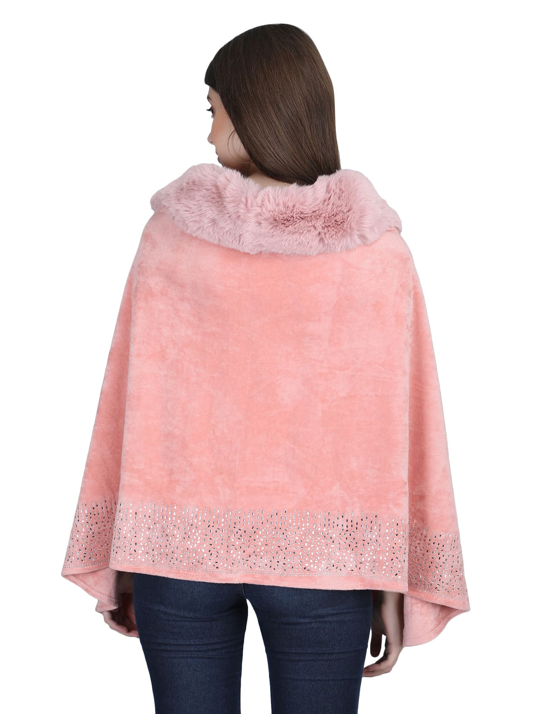 Pink Crystals & Velvet Fur Collar Poncho - 144