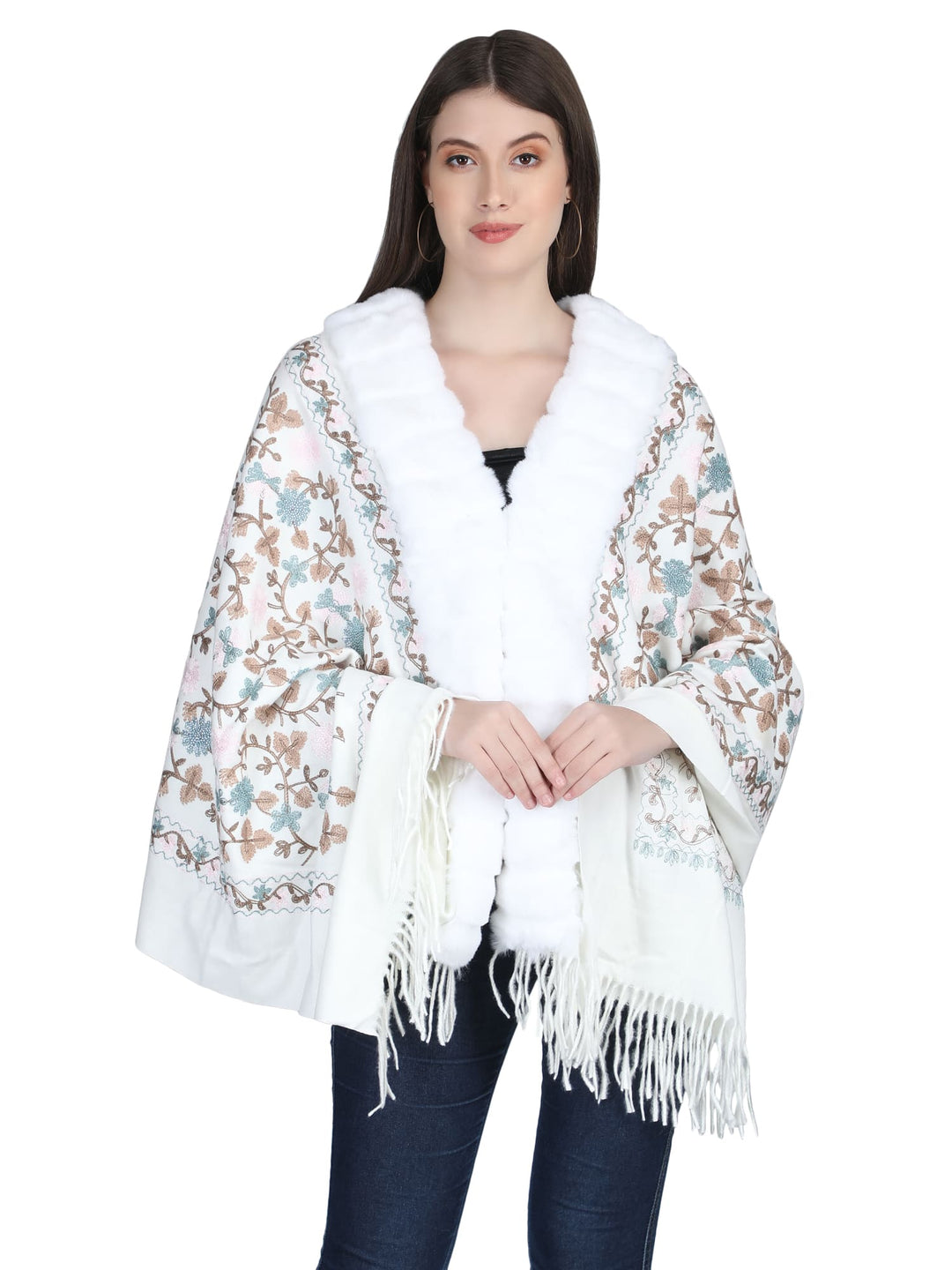 White Aari Embroidery & Crystals Fur Collar Poncho - 145  (Free Size)