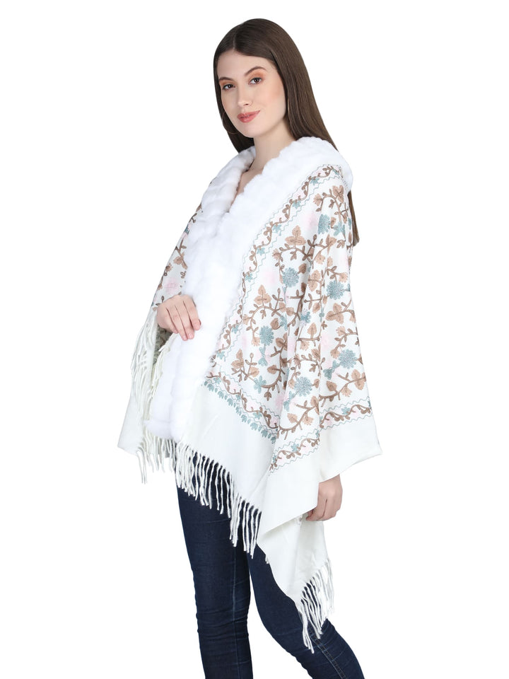 White Aari Embroidery & Crystals Fur Collar Poncho - 145  (Free Size)