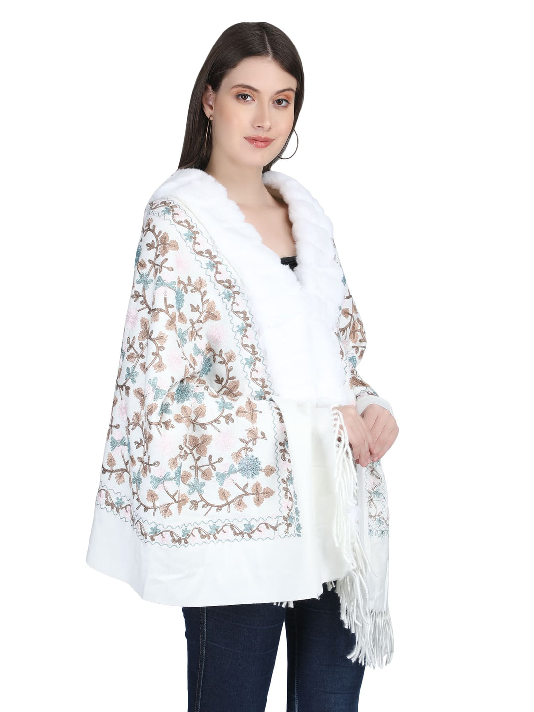 White Aari Embroidery & Crystals Fur Collar Poncho - 145  (Free Size)