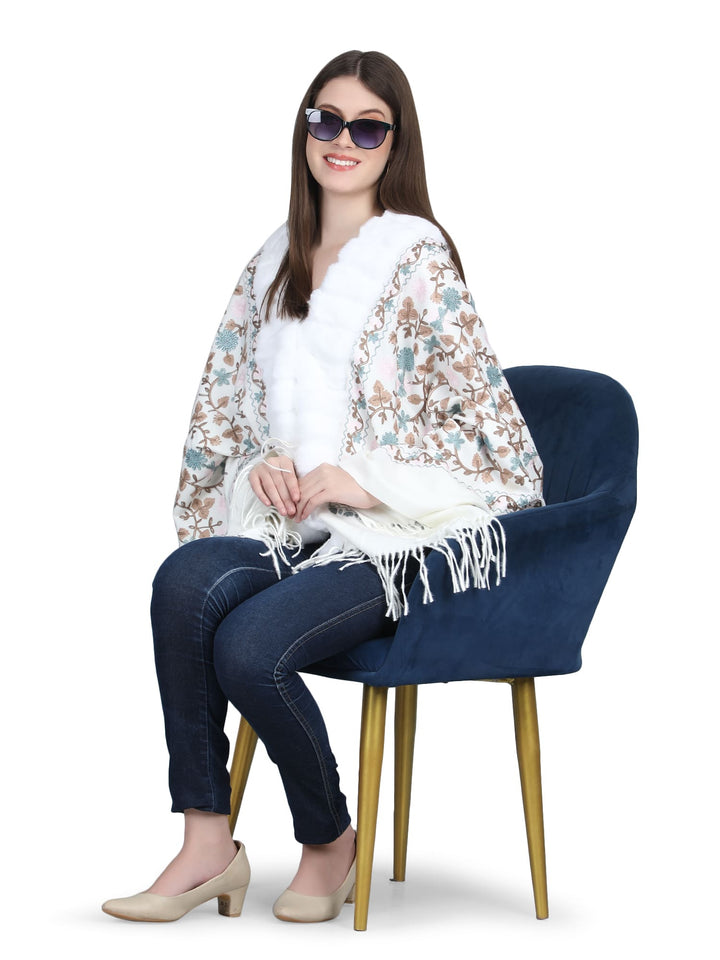 White Aari Embroidery & Crystals Fur Collar Poncho - 145  (Free Size)