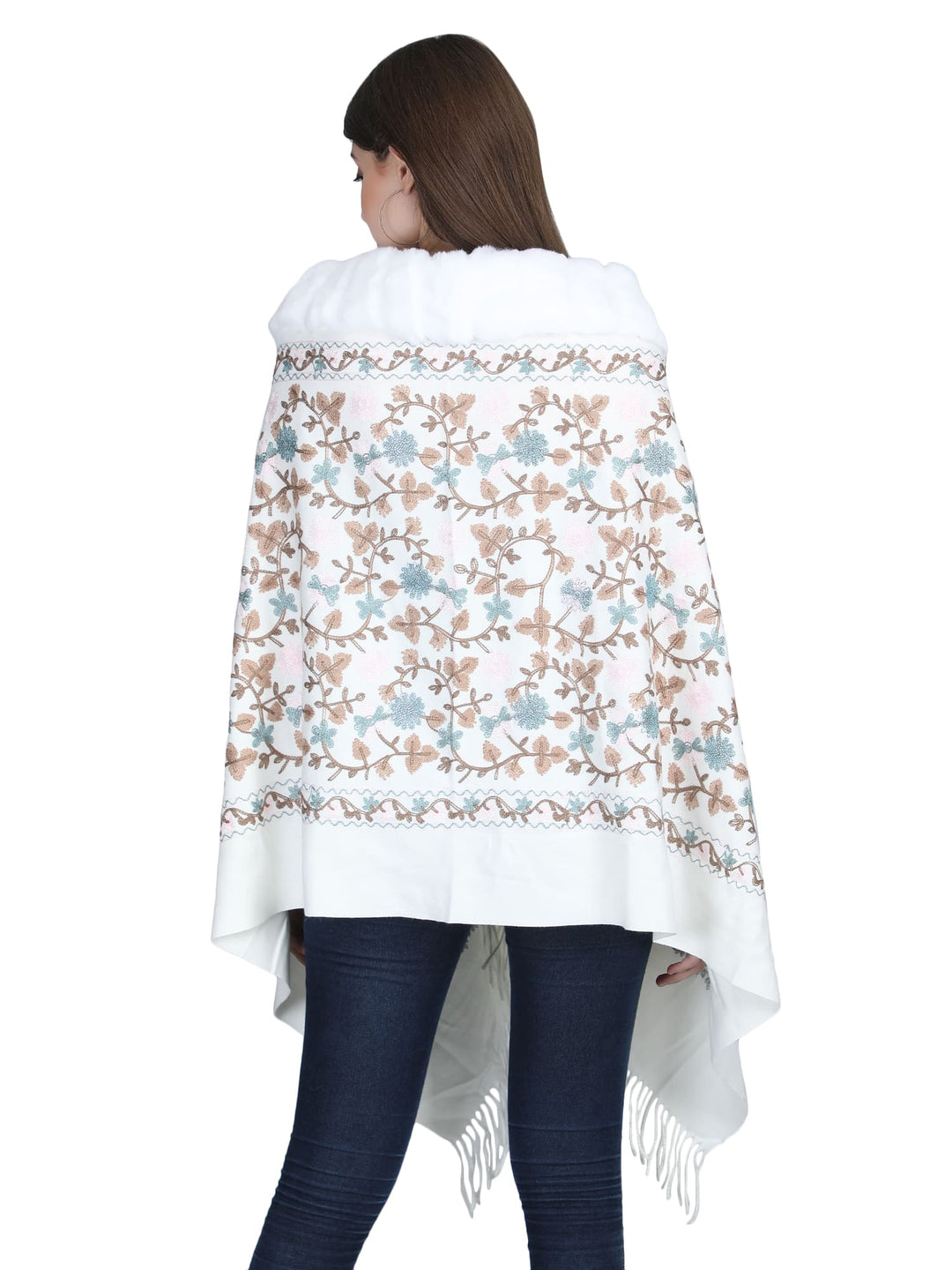 White Aari Embroidery & Crystals Fur Collar Poncho - 145  (Free Size)