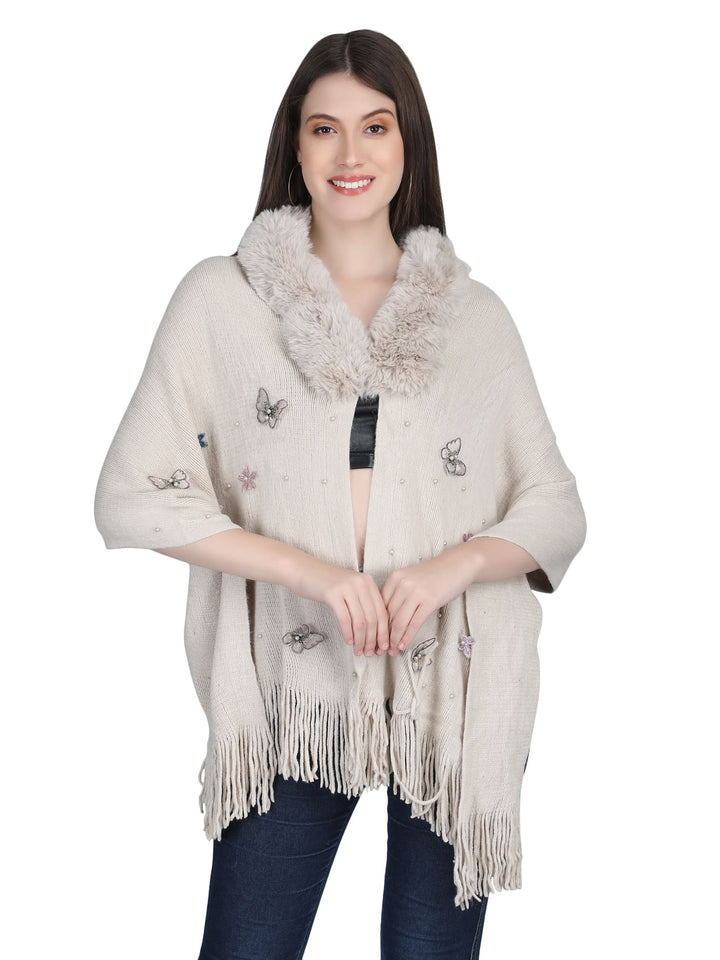 Beige Butterfly Fur Collar Poncho - 146