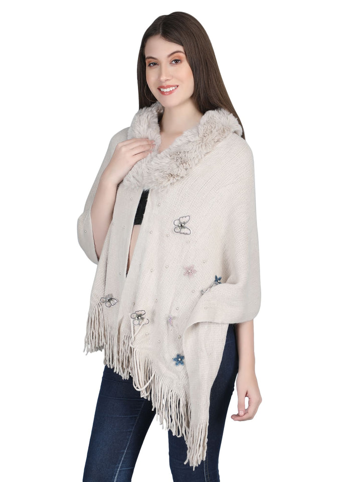 Beige Butterfly Fur Collar Poncho - 146