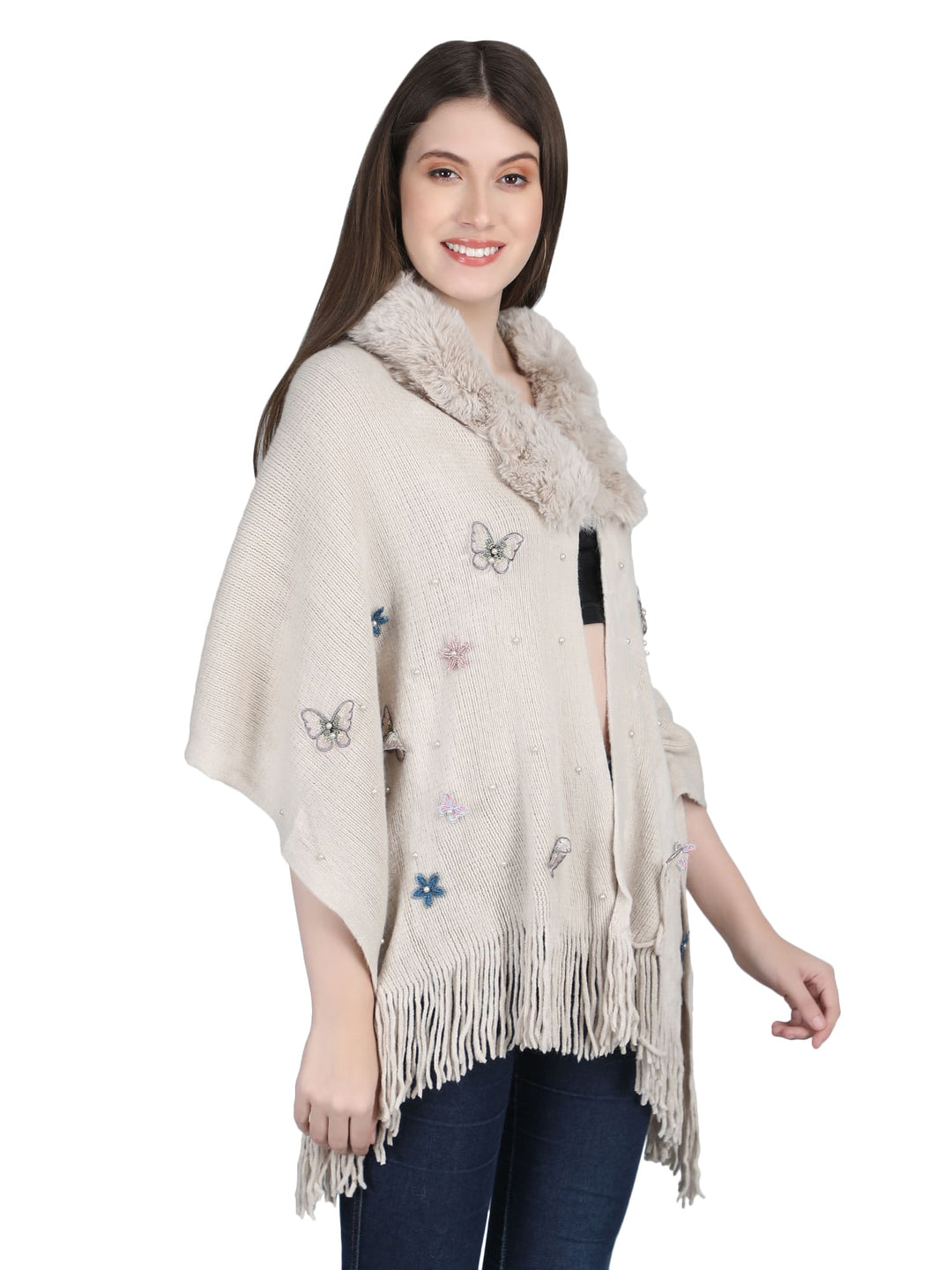 Beige Butterfly Fur Collar Poncho - 146