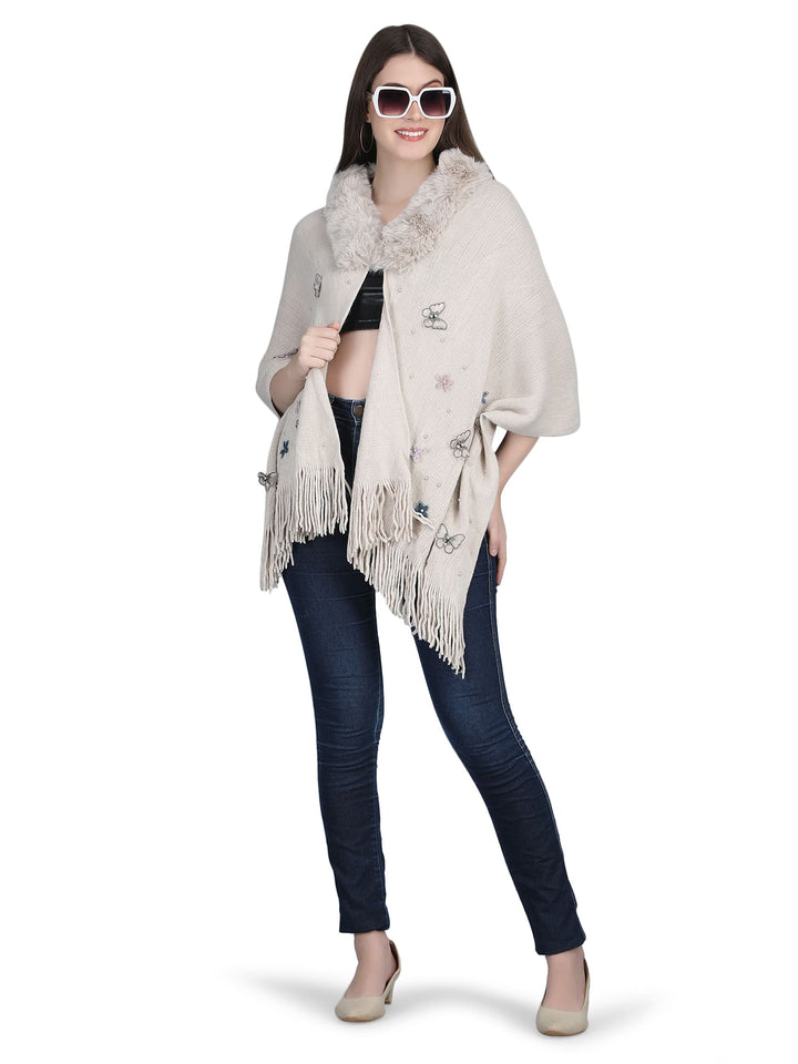 Beige Butterfly Fur Collar Poncho - 146