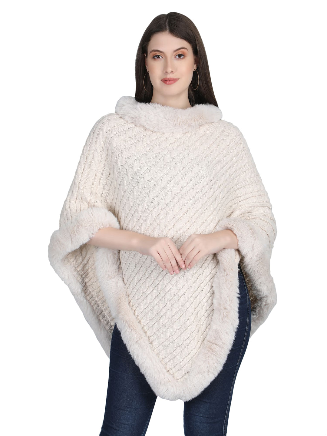 Off-White Knitted Fur Collar Poncho - 147  (Free Size)