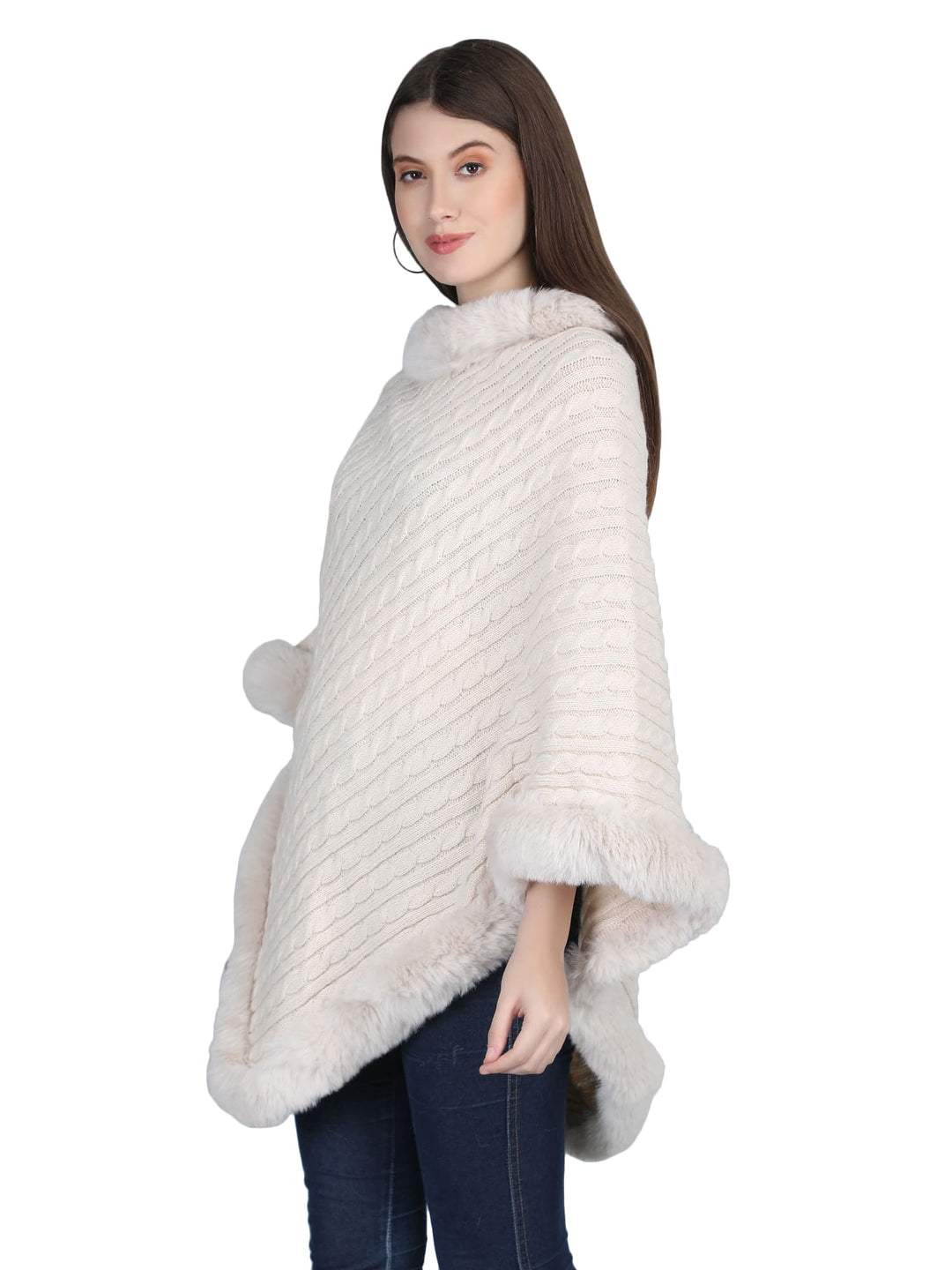 Off-White Knitted Fur Collar Poncho - 147  (Free Size)