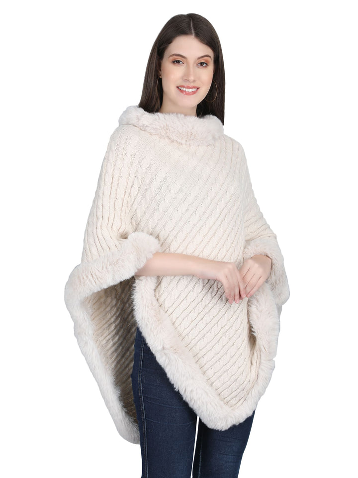 Off-White Knitted Fur Collar Poncho - 147  (Free Size)