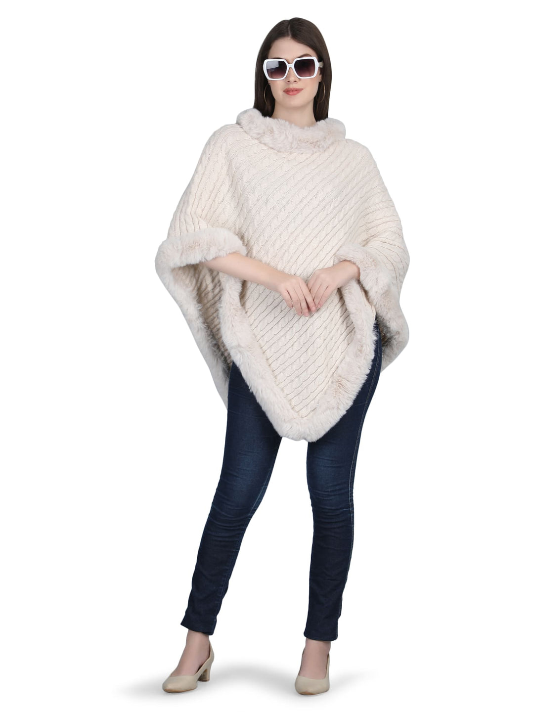 Off-White Knitted Fur Collar Poncho - 147  (Free Size)