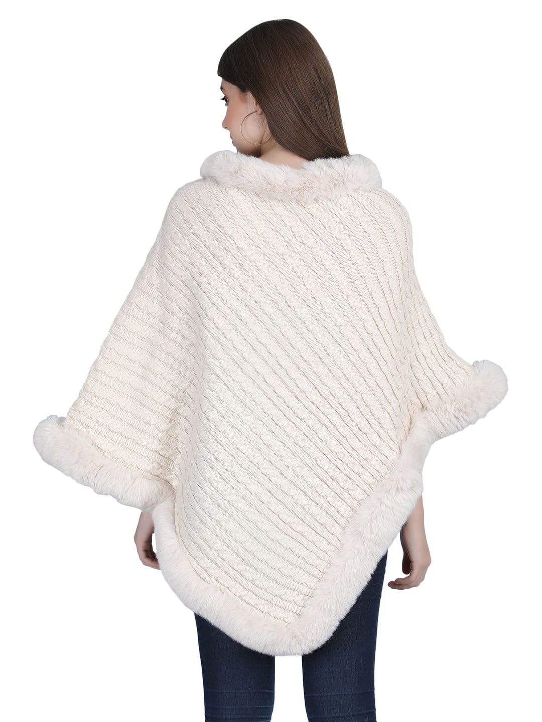 Off-White Knitted Fur Collar Poncho - 147  (Free Size)