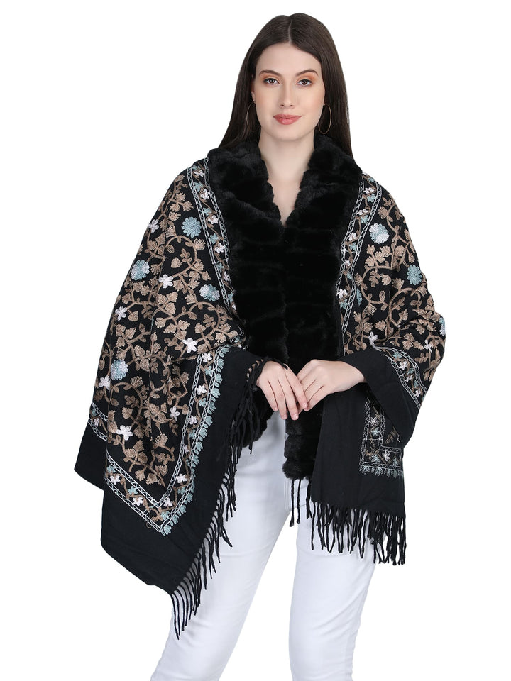 Black Aari Embroidery & Crystlals Fur Collar Poncho - 148  (Free Size)