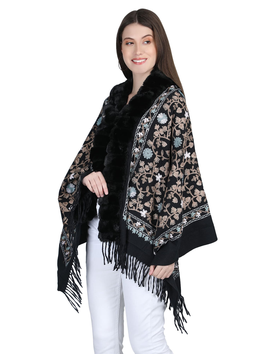 Black Aari Embroidery & Crystlals Fur Collar Poncho - 148  (Free Size)