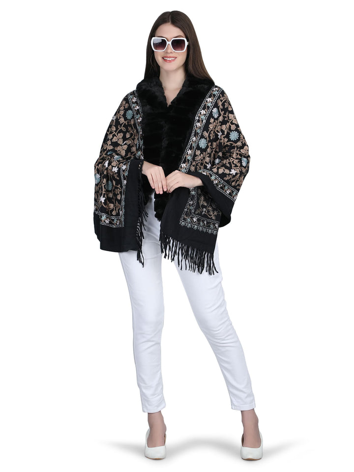 Black Aari Embroidery & Crystlals Fur Collar Poncho - 148  (Free Size)