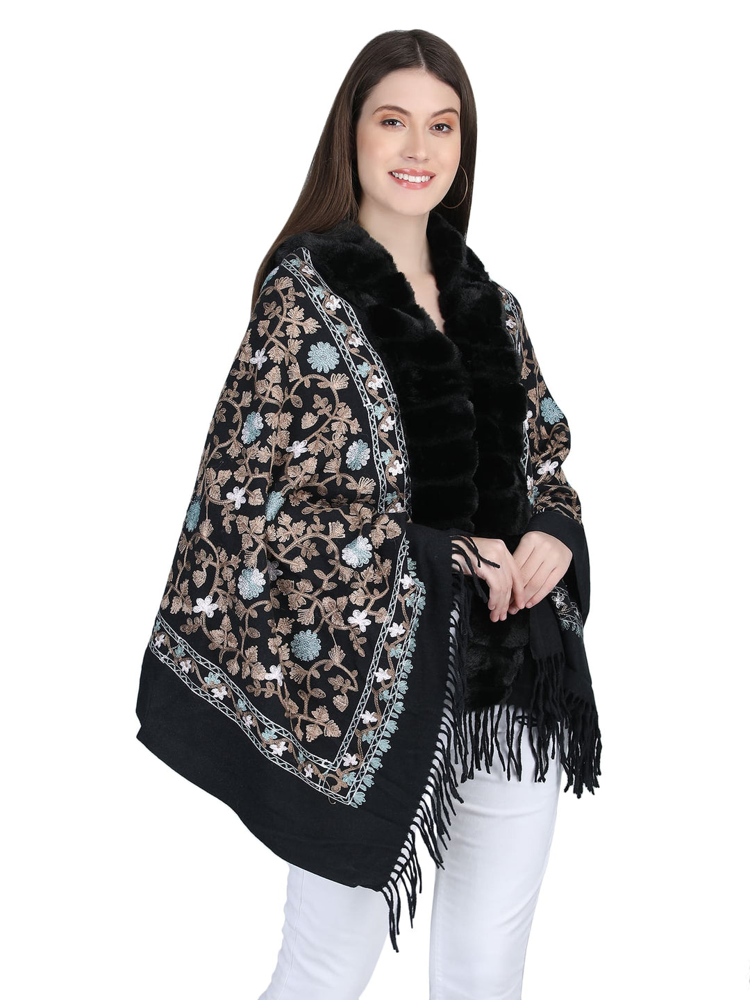 Black Aari Embroidery & Crystlals Fur Collar Poncho - 148  (Free Size)