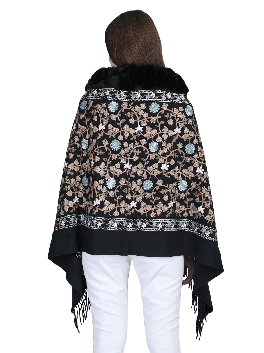 Black Aari Embroidery & Crystlals Fur Collar Poncho - 148  (Free Size)