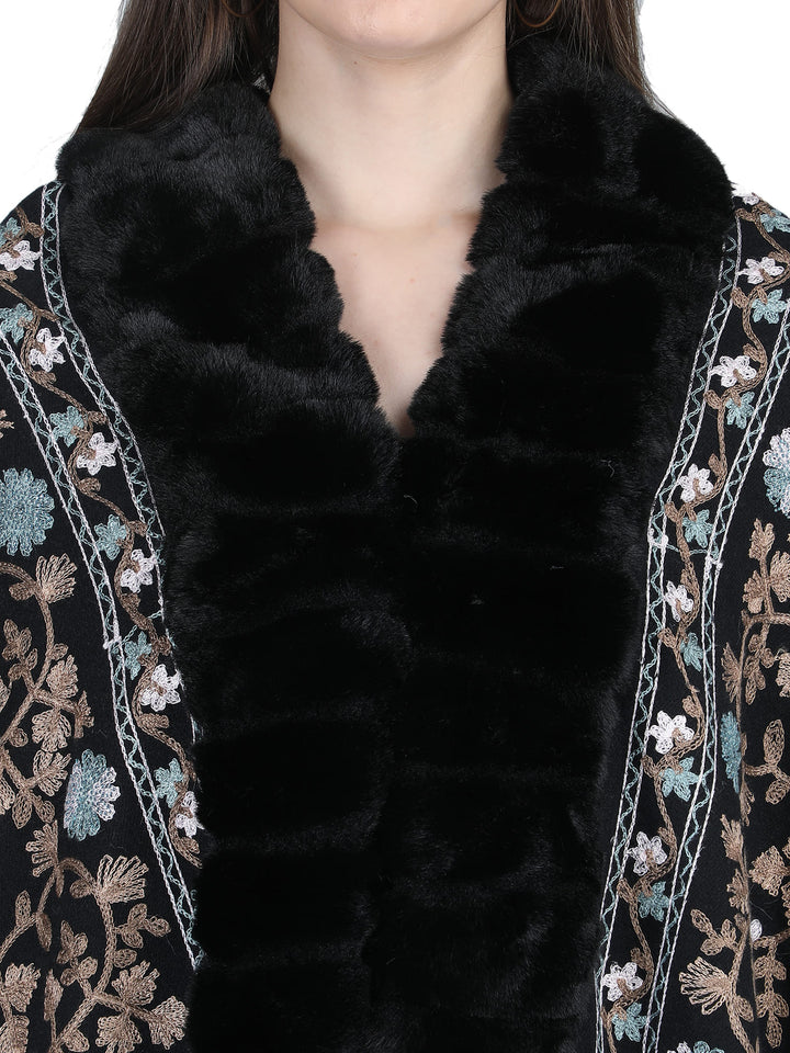 Black Aari Embroidery & Crystlals Fur Collar Poncho - 148  (Free Size)