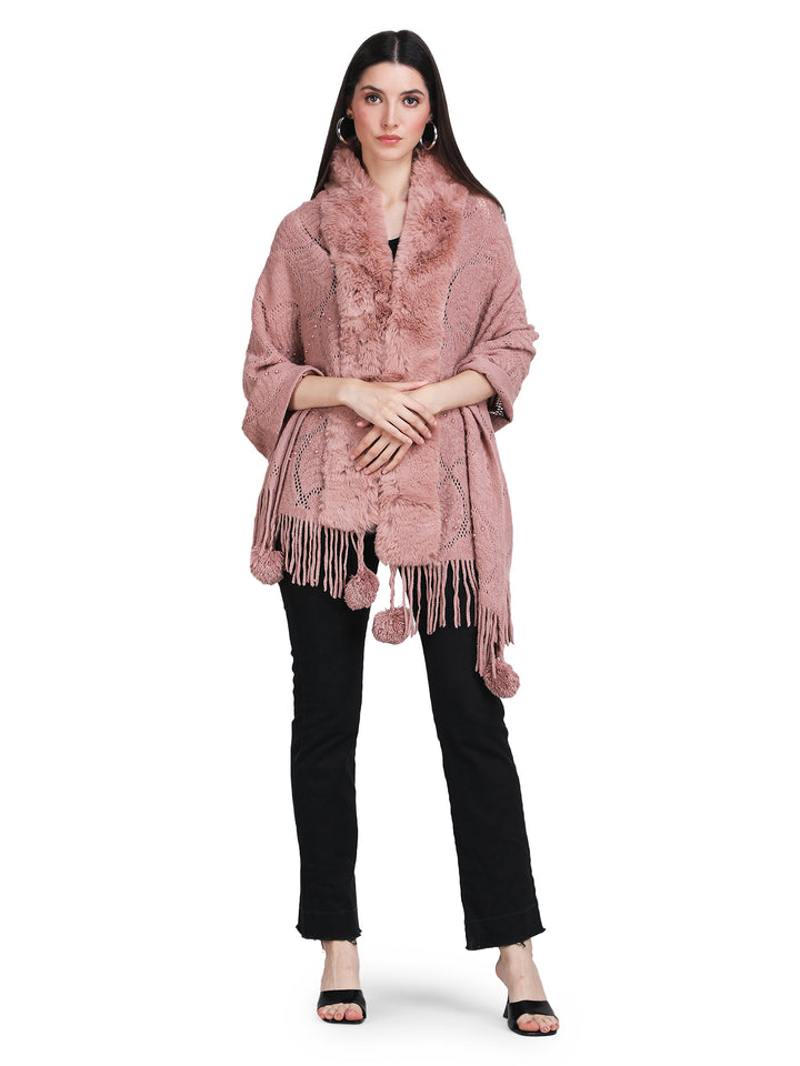 Dusty Pink Pearl Beads & Faux Fur Poncho - 149 (Free Size)