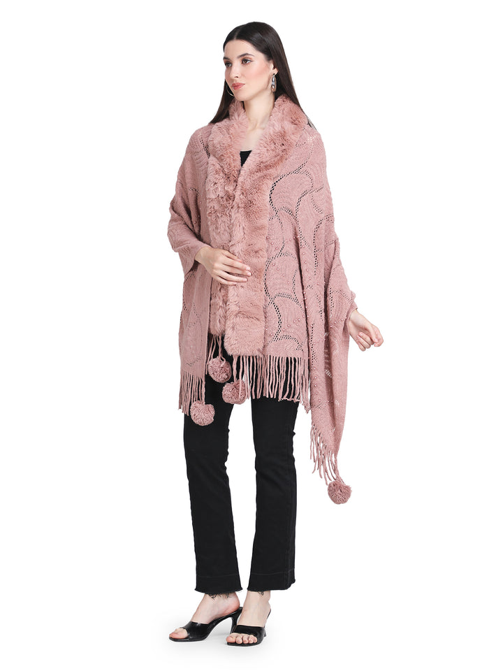 Dusty Pink Pearl Beads & Faux Fur Poncho - 149 (Free Size)
