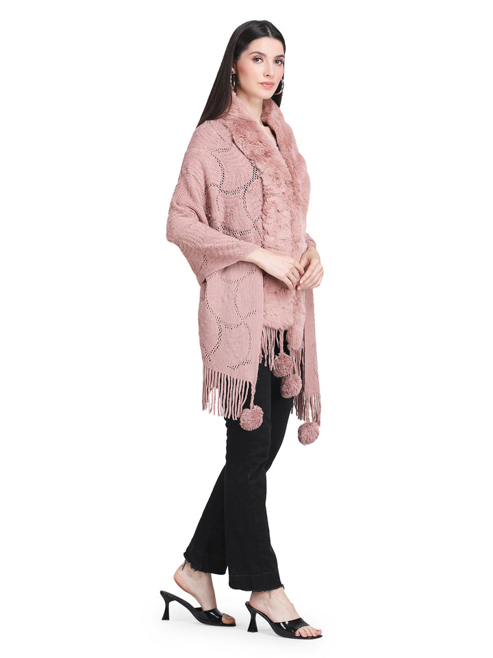 Dusty Pink Pearl Beads & Faux Fur Poncho - 149 (Free Size)