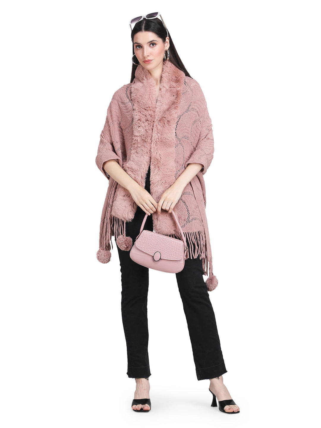 Dusty Pink Pearl Beads & Faux Fur Poncho - 149 (Free Size)