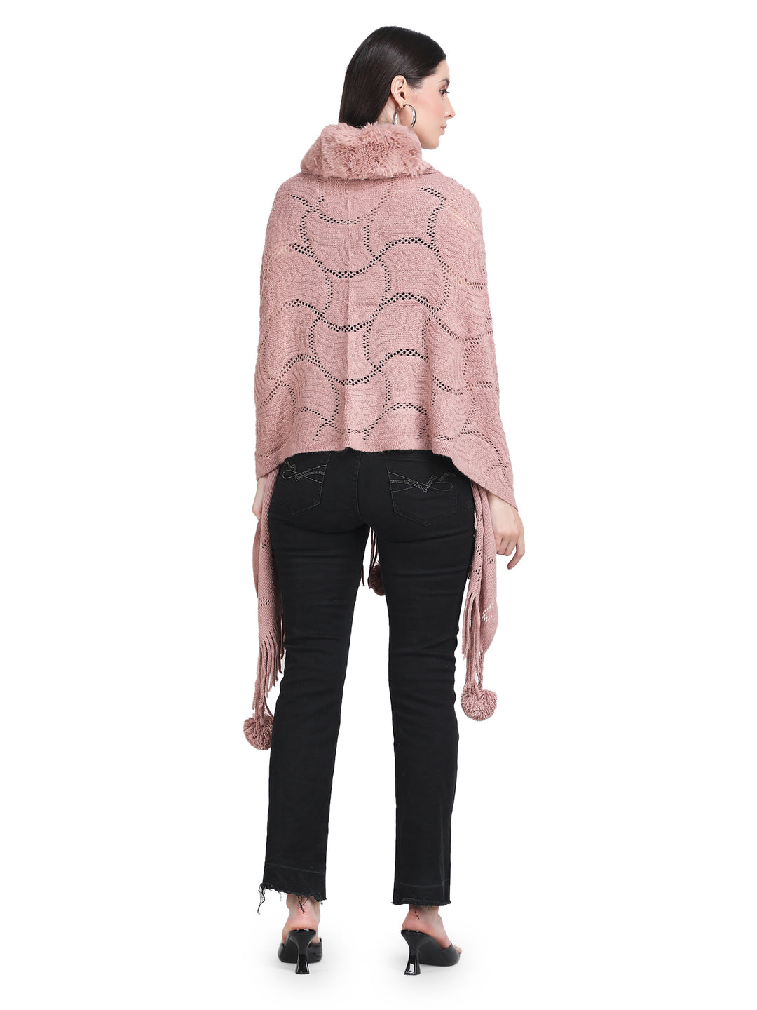 Dusty Pink Pearl Beads & Faux Fur Poncho - 149 (Free Size)